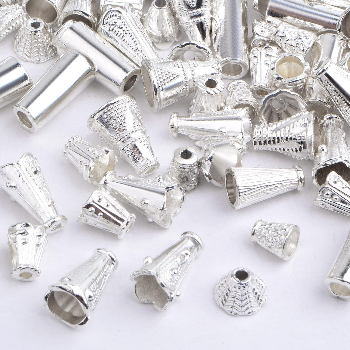 100 Gram (About 110-150pcs) Mixed Styles Cone Bead Caps Tibetan Alloy Flower Spacer Bead Caps Tassel End Caps for DIY Bracelet Necklace Jewelry Craft Making, Bright Silver