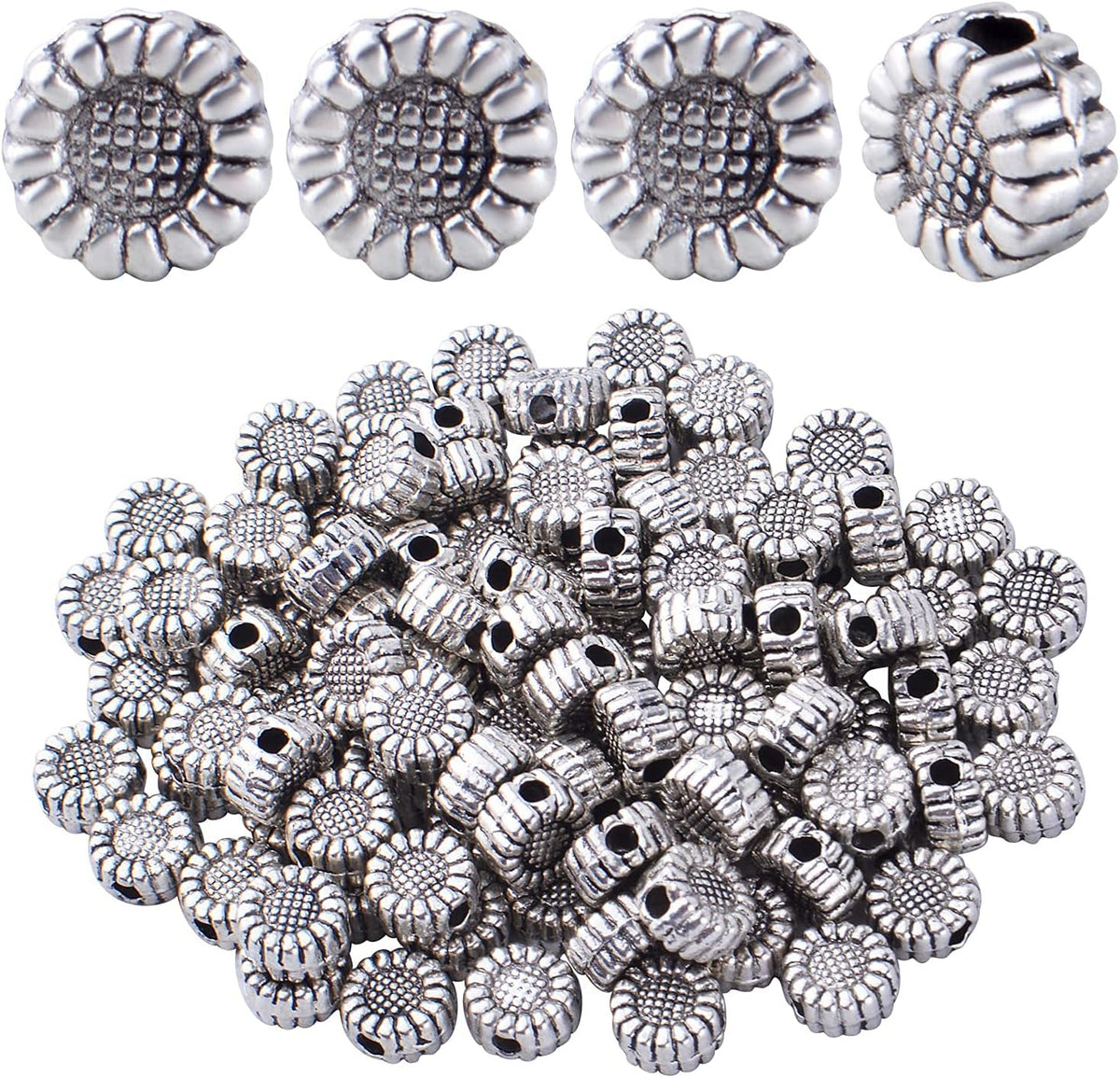 100pcs Antique Silver Sunflower Spacers Beads Tibetan Alloy Flower Bead Spacer Charm Beads Loose Bead Spacers for DIY Bracelet Necklace Jewelry Crafts Making Accessories