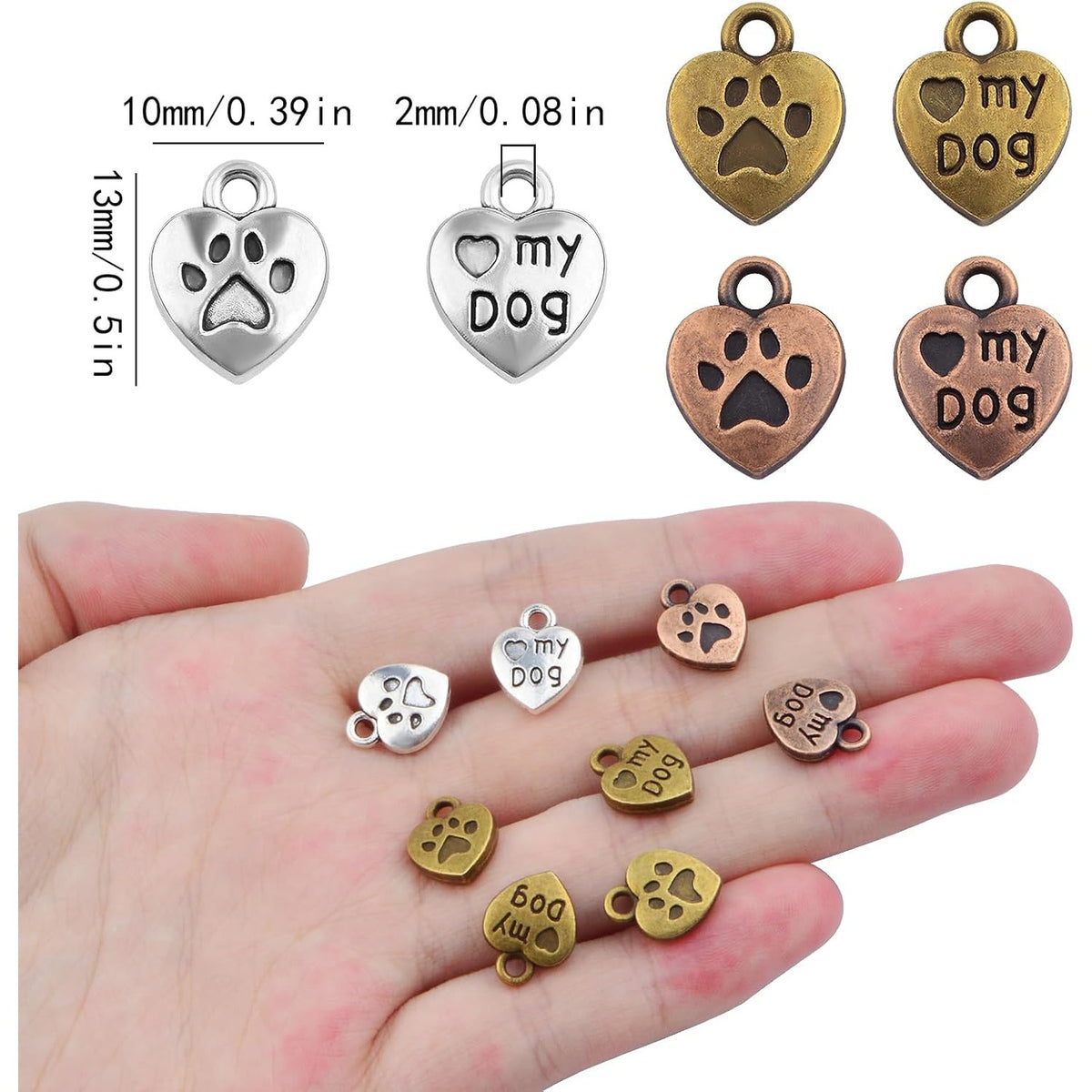 60pcs Love My Dog Lettering Word Charms Tibetan Alloy Heart Dog Paw Print Pendants Double-Sided Animal Pet Puppy Footprint Charms for DIY Necklace Bracelet Jewelry Making, 3 Colors