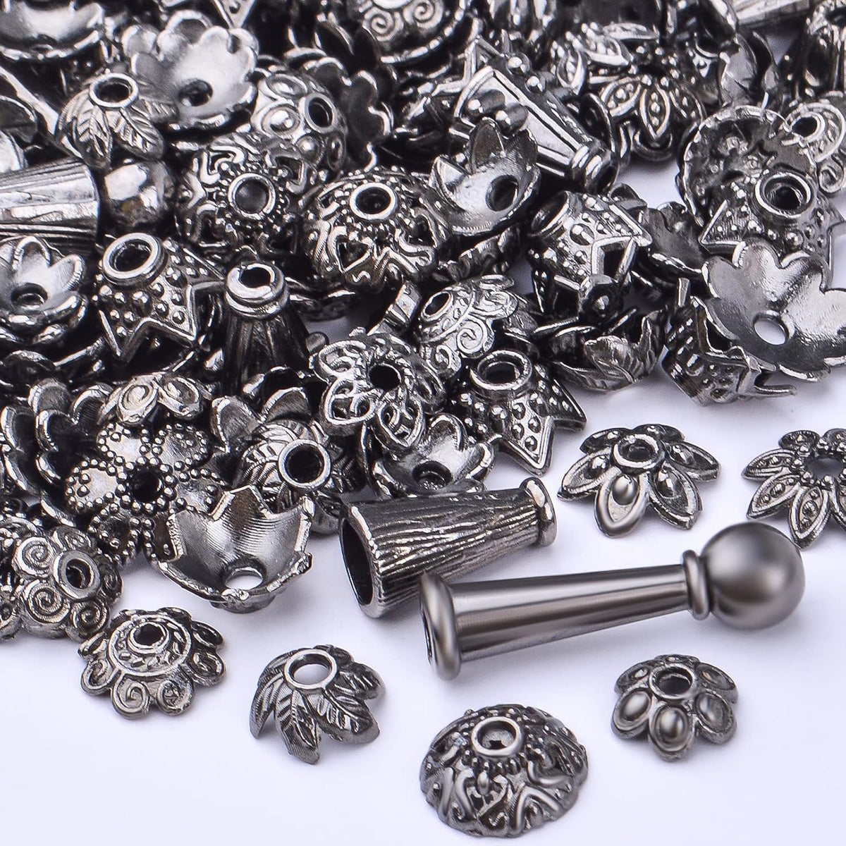 100 Gram Gun Black Flower Bead Caps Tibetan Alloy Mixed Styles Spacer Beads Caps End Caps Craft Supplies for DIY Earrings Bracelet Necklace Jewelry Making Accessories