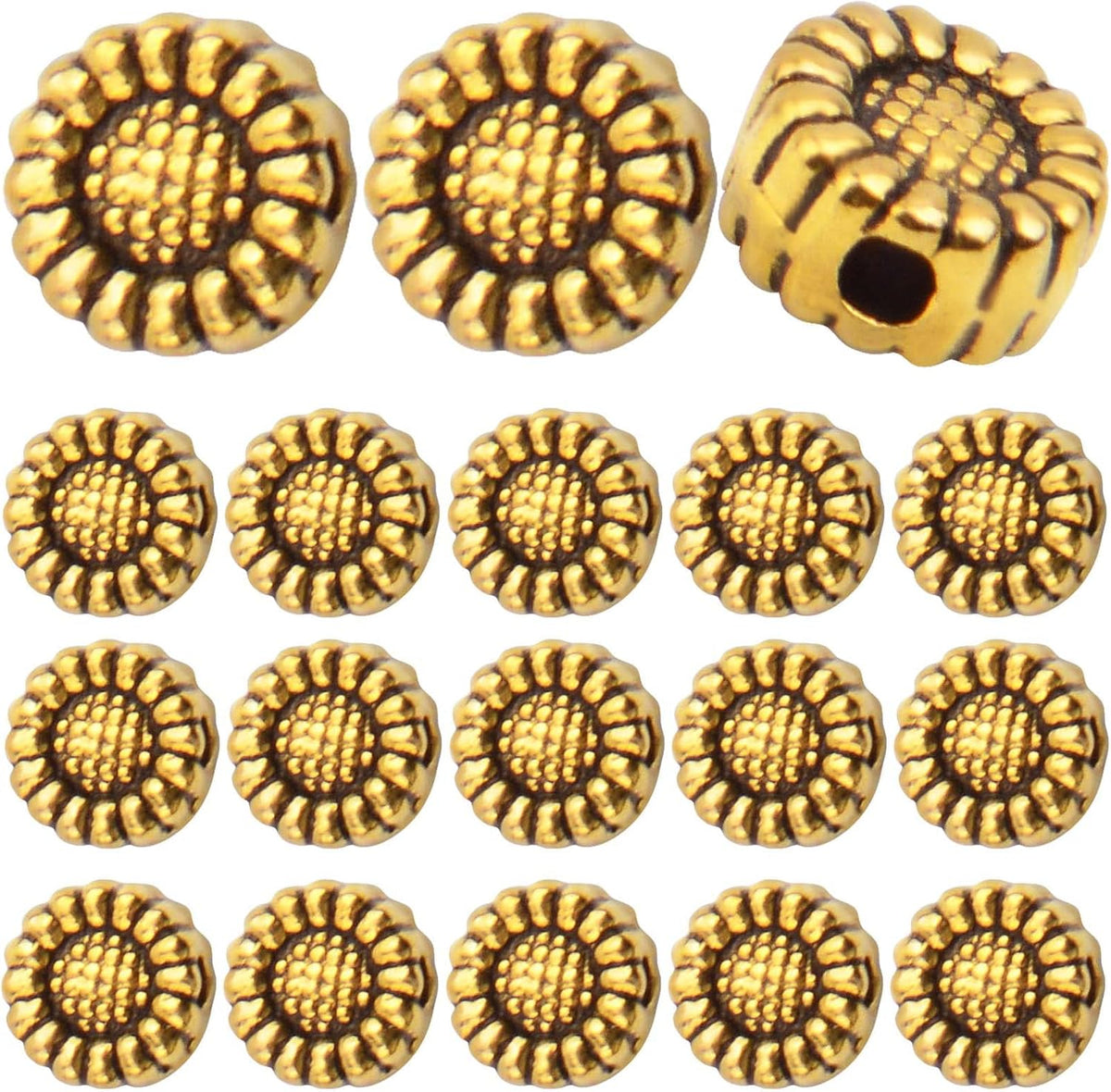 100pcs Antique Silver Sunflower Spacers Beads Tibetan Alloy Flower Bead Spacer Charm Beads Loose Bead Spacers for DIY Bracelet Necklace Jewelry Crafts Making Accessories