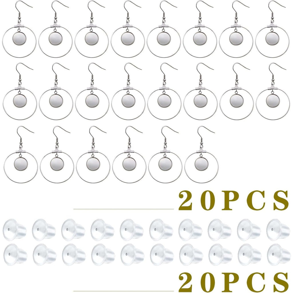 20pcs 12mm Stainless Steel Earring Bezel Trays Hypoallergenic French Ear Wire Hooks Earring Blank Bezels with 20pcs Clear Earring Safety Backs for DIY Dangle Jewelry Making Supplies