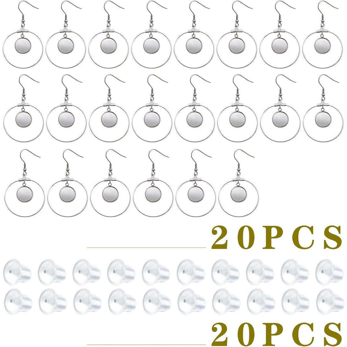 20pcs 12mm Stainless Steel Earring Bezel Trays Hypoallergenic French Ear Wire Hooks Earring Blank Bezels with 20pcs Clear Earring Safety Backs for DIY Dangle Jewelry Making Supplies
