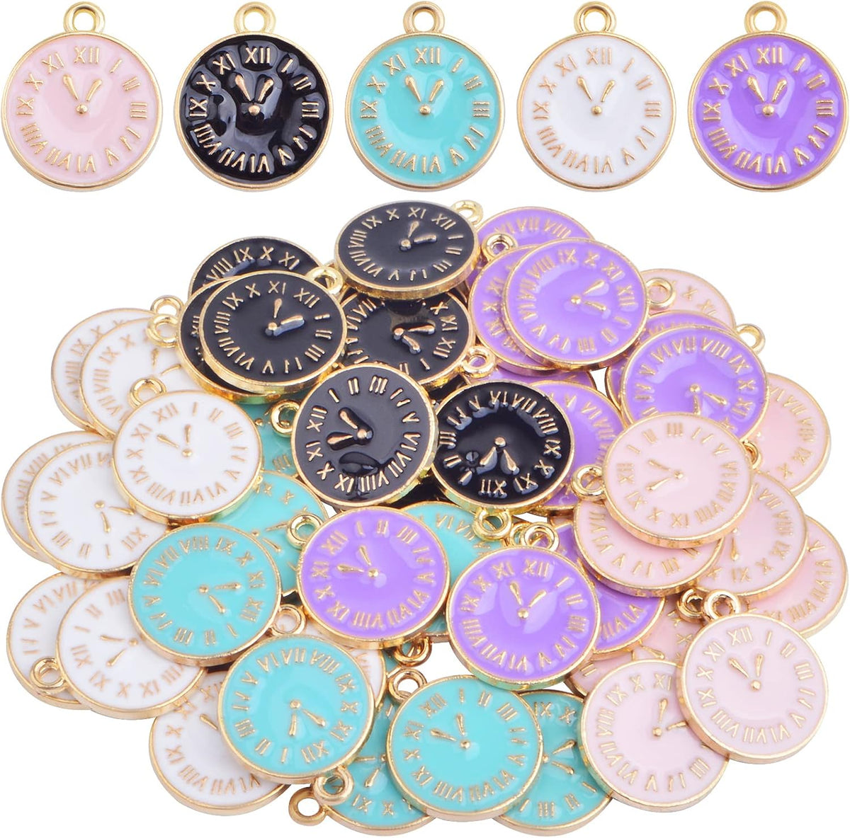 50pcs Alloy Enamel Alarm Clock Charms Cartoon Student Watch Clocks Pendant Charms Craft Supplies for DIY Bracelet Necklace Jewelry Making New Year Gift, 5 Colors