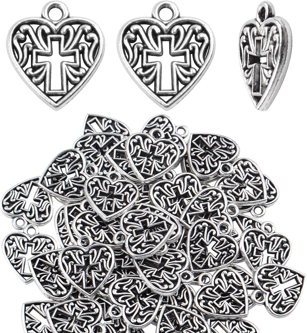 Heart Cross Charms, 50 Pieces Alloy Metal Love Heart with Cross Charms Pendants for Making Bracelet Necklace - Antique Silver