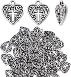 Heart Cross Charms, 50 Pieces Alloy Metal Love Heart with Cross Charms Pendants for Making Bracelet Necklace - Antique Silver