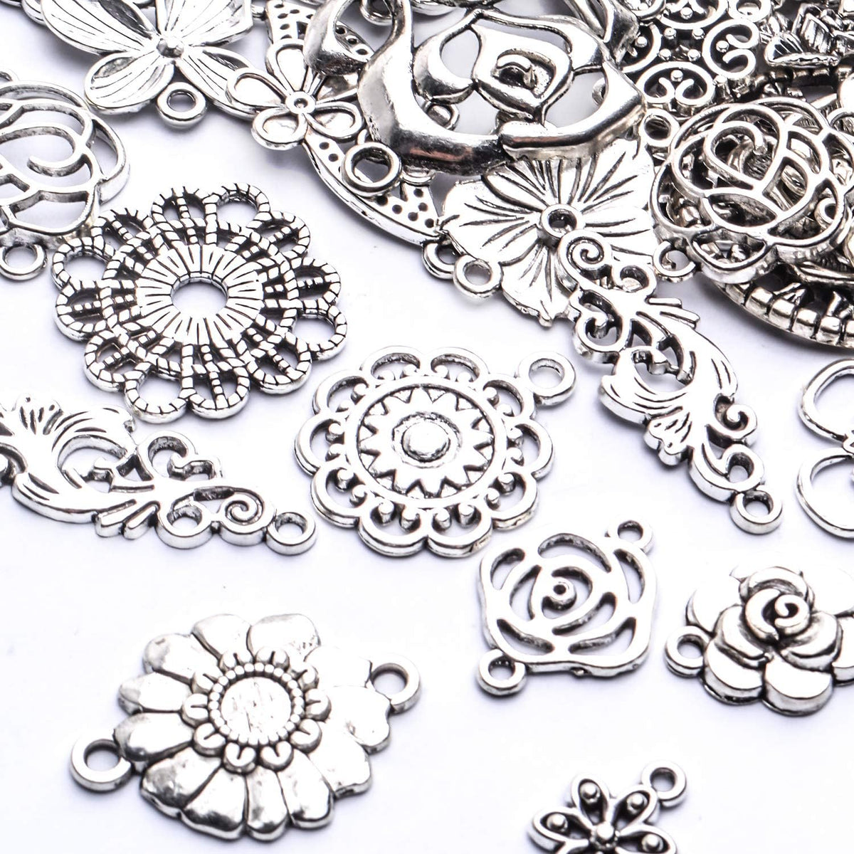 Antique Silver Flower Jewelry Connectors - Tibetan Filigree Charms for Earrings, Bracelets & Necklaces