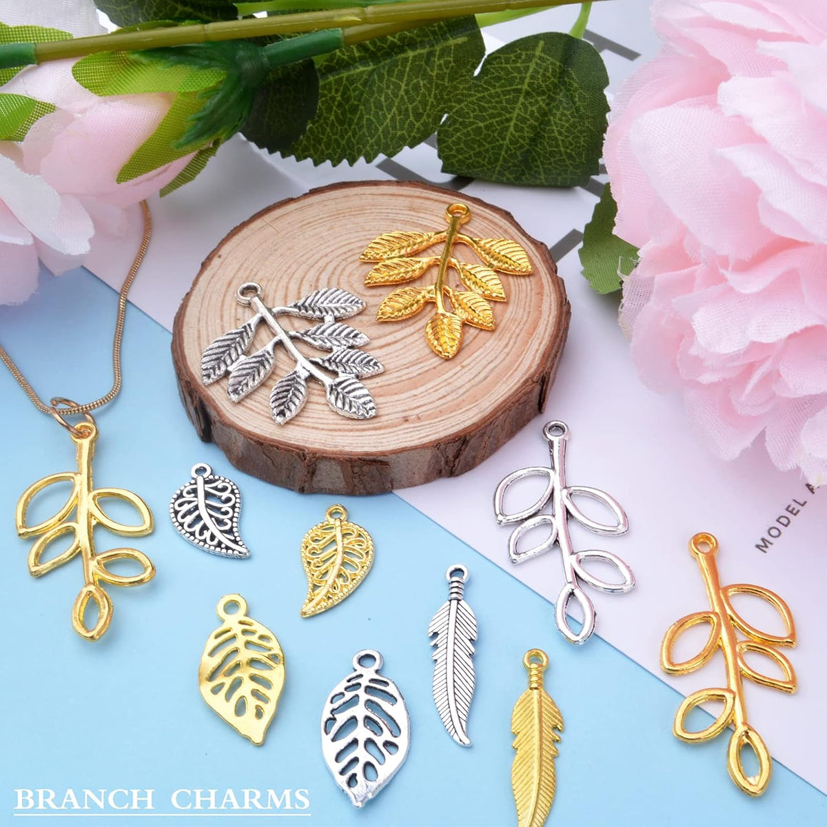 100pcs 5 Styles Tree Leaf Charms Tibetan Alloy Leaves Branch Pendants Vintage Dangle Charms for DIY Earring Necklace Keychains Jewelry Making Accessory, Gold and Antique Silver