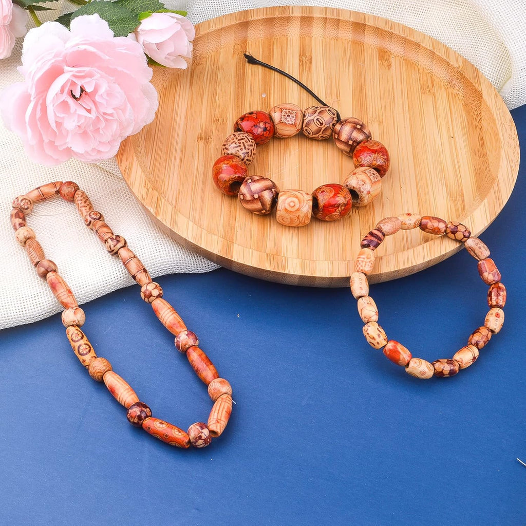 200pcs Natural Printed Wooden Beads Round Barrel Oval Macrame Beads Loose Wood Spacer Beads Jewelry Making Accessories for DIY Craft Bracelet Necklace Handmade Decoration, 4 Sizes