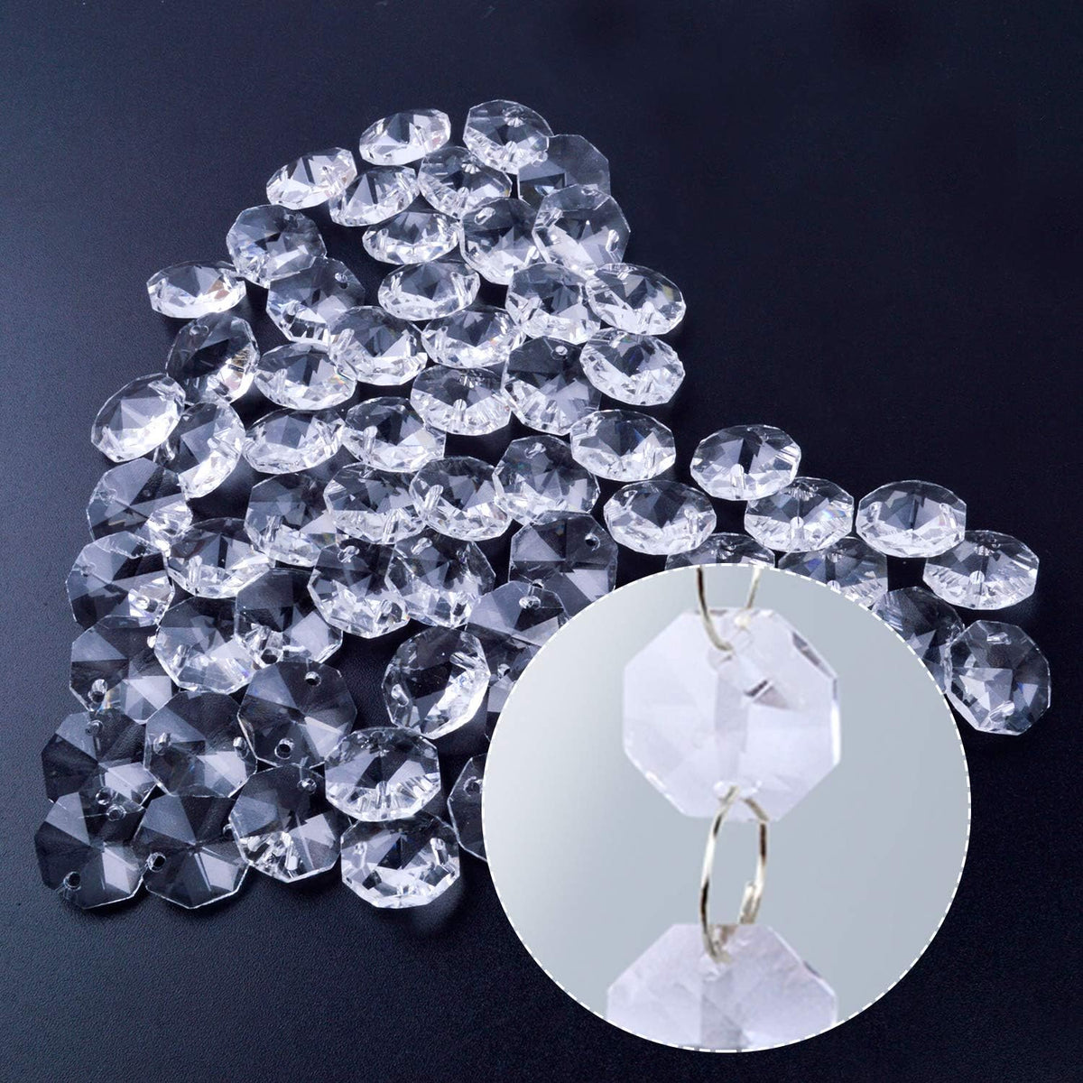 100Pcs 14mm Clear Crystal Octagon Beads with 100Pcs Stainless Curtain Rings Jump Rings Key Rings for Chandelier Prisms Curtain Parts Jewelry Making