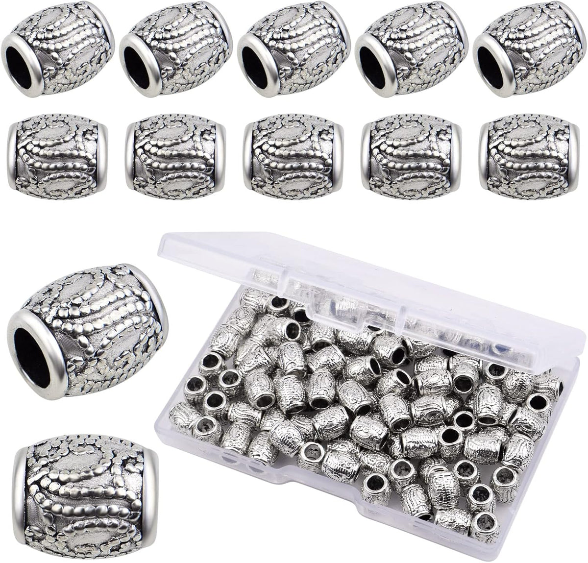 100pcs Antique Silver Oval Spacer Beads Alloy European Large Hole Loose Beads with A Plastic Box for DIY Bracelet Jewelry Making Handmade Decor, Hole: 4.3 mm