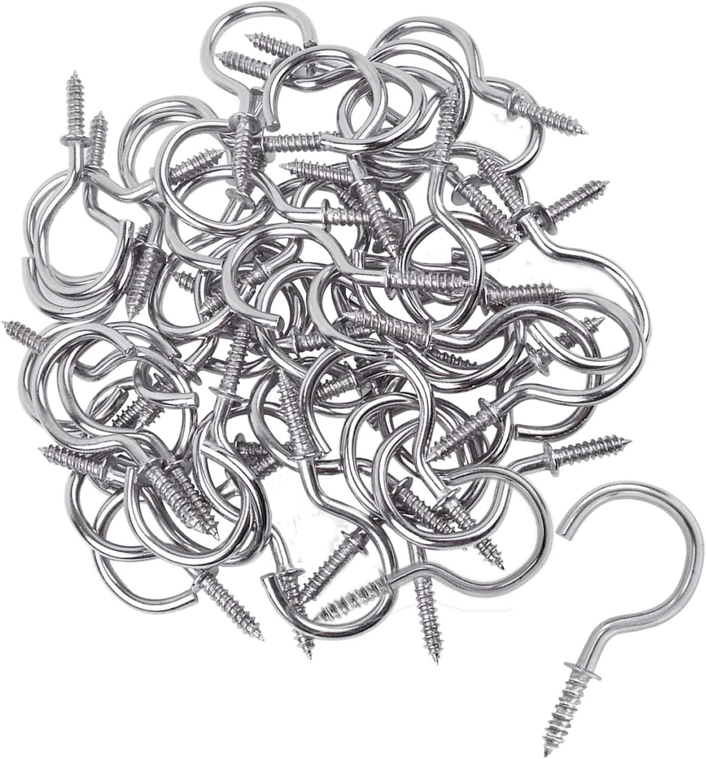 50 Pieces Metal Screw-in Ceiling Hooks Cup Hook,Screw Hanger for Hanging Plants Mugs Kitchen Utensils Wind Chimes 1-1/4"(Silver)