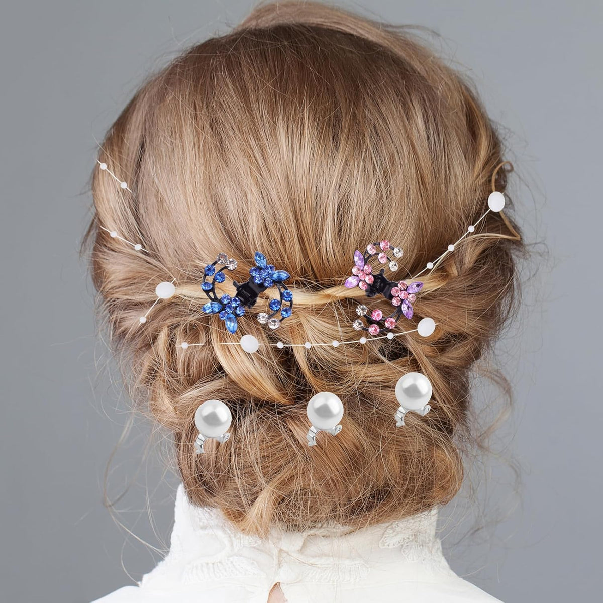 10pcs 5 Colors Mini Plum Blossom Rhinestone Hair Claw Clips, 10pcs Pearl Hair Barrettes Headdress, 1pcs White Handmade Beaded Headpiece Hair Accessories for Bride Wedding Party Decor