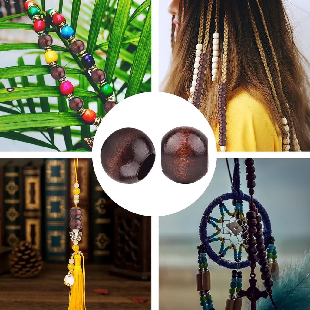 50pcs 20mm Black Coffee Wood Beads Large Hole Round Beads Natural Wooden Loose Spacer Beads for DIY Crafts Jewelry Making Garlands Home Decor, Hole: 10 mm