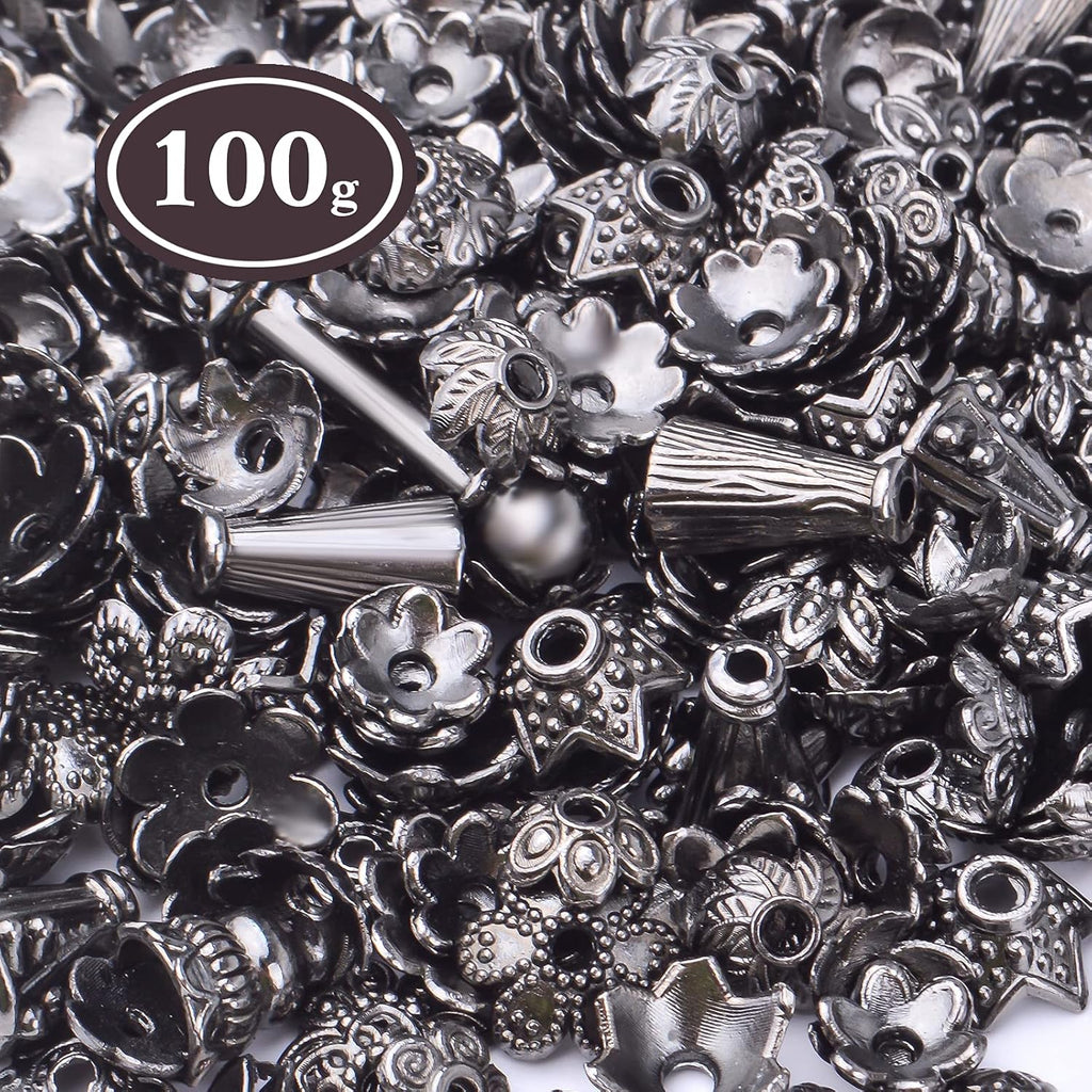 100 Gram Gun Black Flower Bead Caps Tibetan Alloy Mixed Styles Spacer Beads Caps End Caps Craft Supplies for DIY Earrings Bracelet Necklace Jewelry Making Accessories