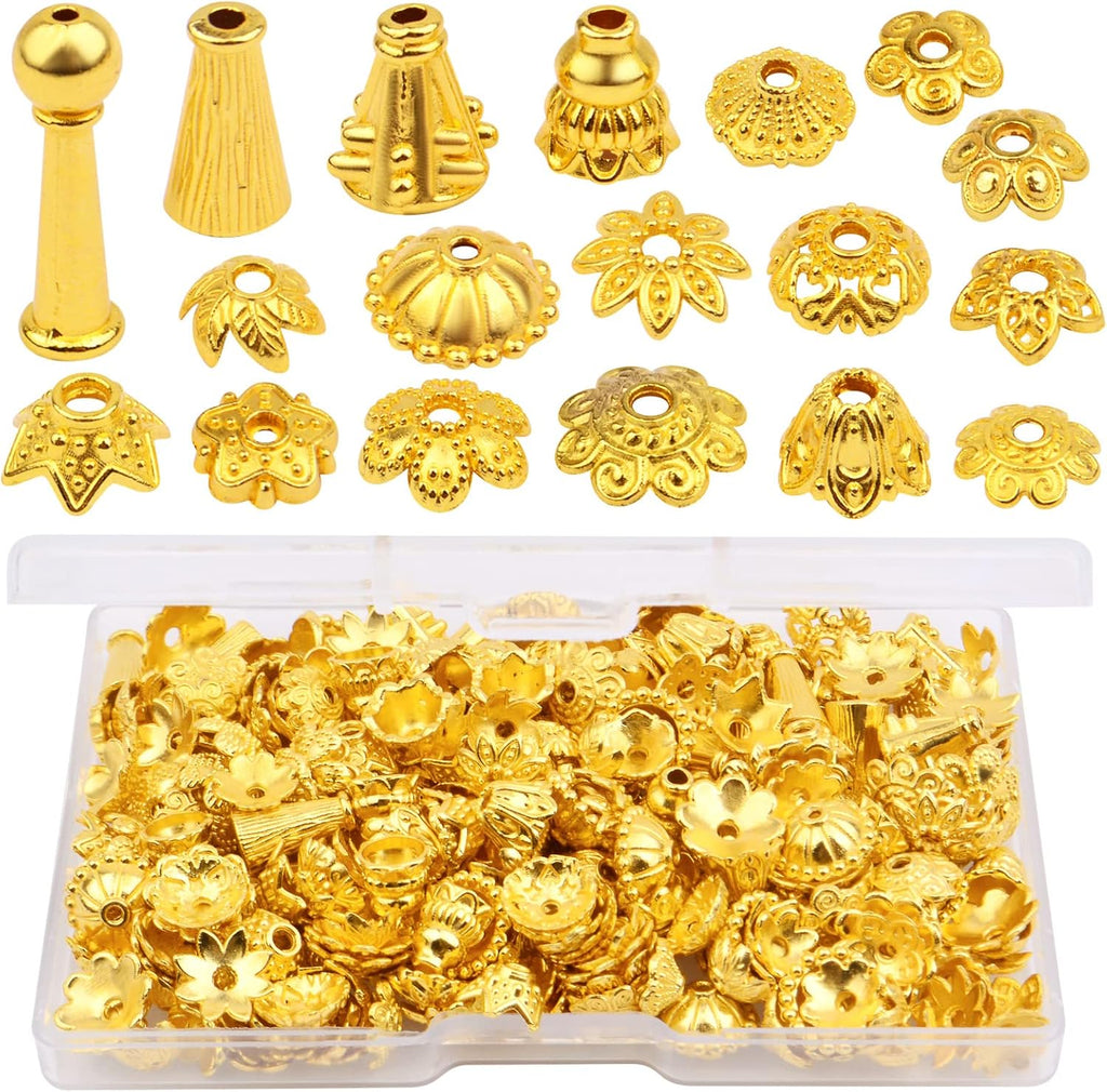 120g Bead Caps with A Clear Storage Box, Tibetan Gold Beads Spacers Jewelry Findings Accessories for Jewelry Making 300-350 Pieces