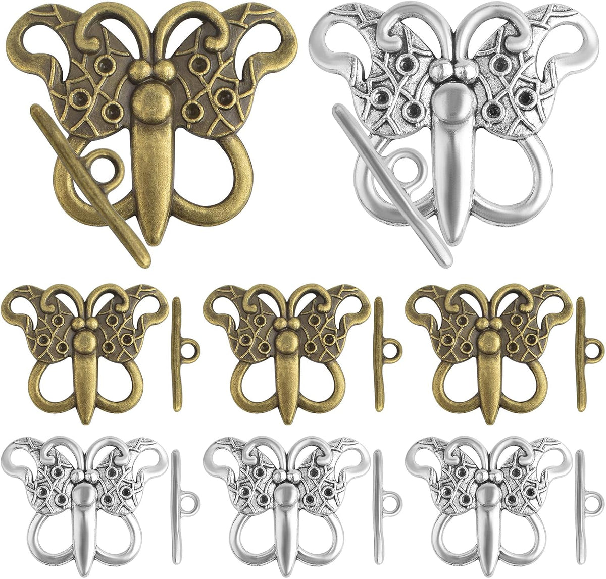 20 Sets Butterfly Bracelet Toggle Clasps T-Bar End Tibetan Closure Filled Fastener Hook Toggle Connectors for DIY Necklace Jewelry Craft Making, 2 Colors