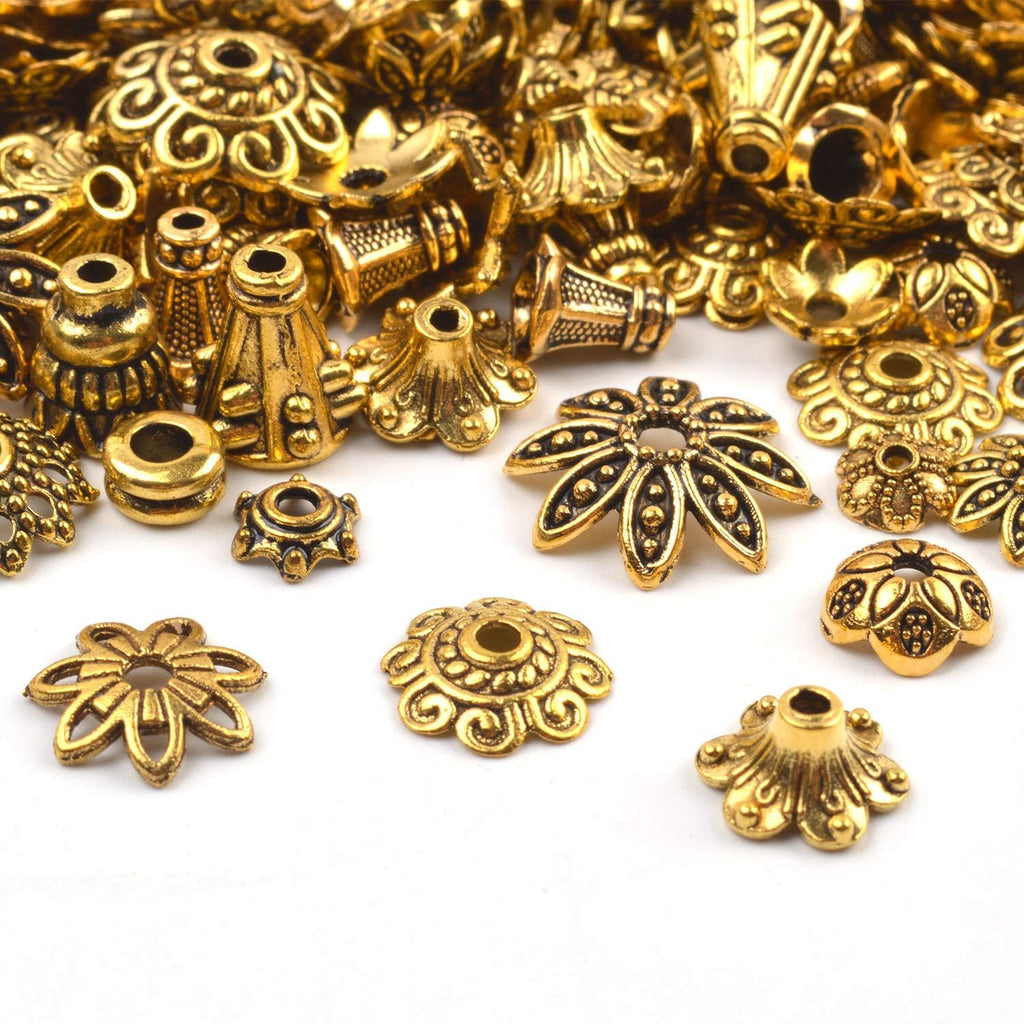 100 Gram(About 250-350pcs) Bali Style Jewelry Making Metal Bead Caps Deluxe New Mix,Antique Gold