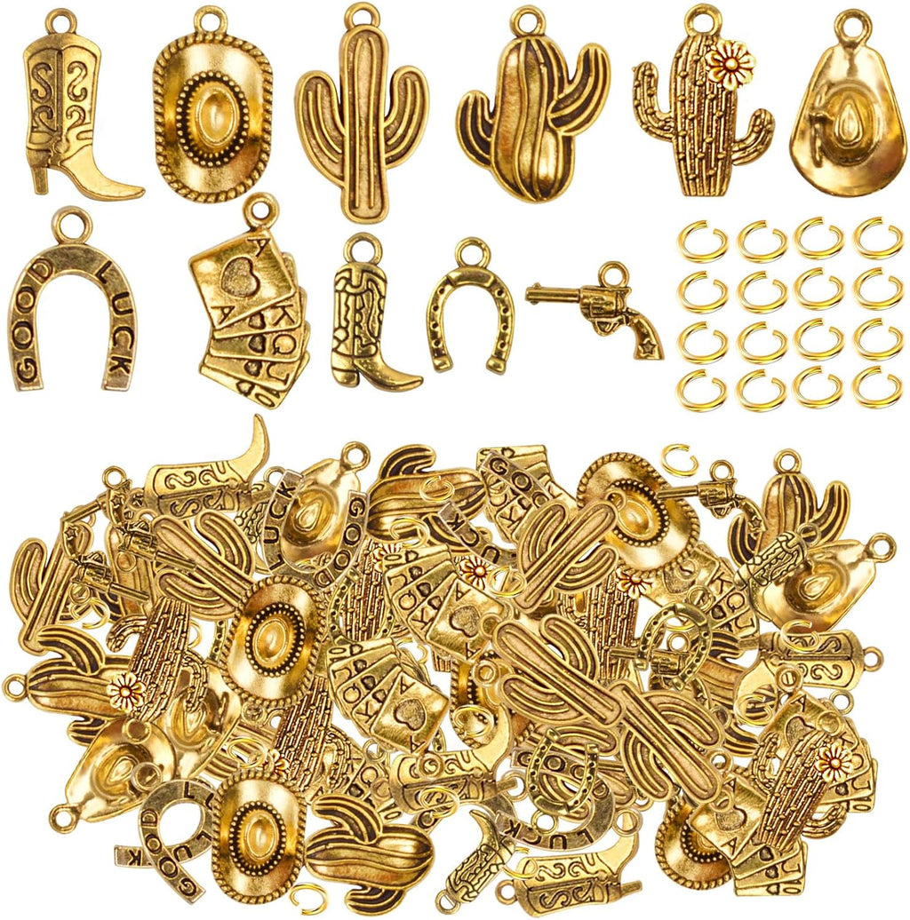 100 Grams Alloy Western Cowbo Cowgi Charms Antique Silver Mixed Cowb Boot Hat Horseshoe Dangle Pendants with 80pcs Split Rings for DIY Necklace Bracelet Earrings Jewelry Making