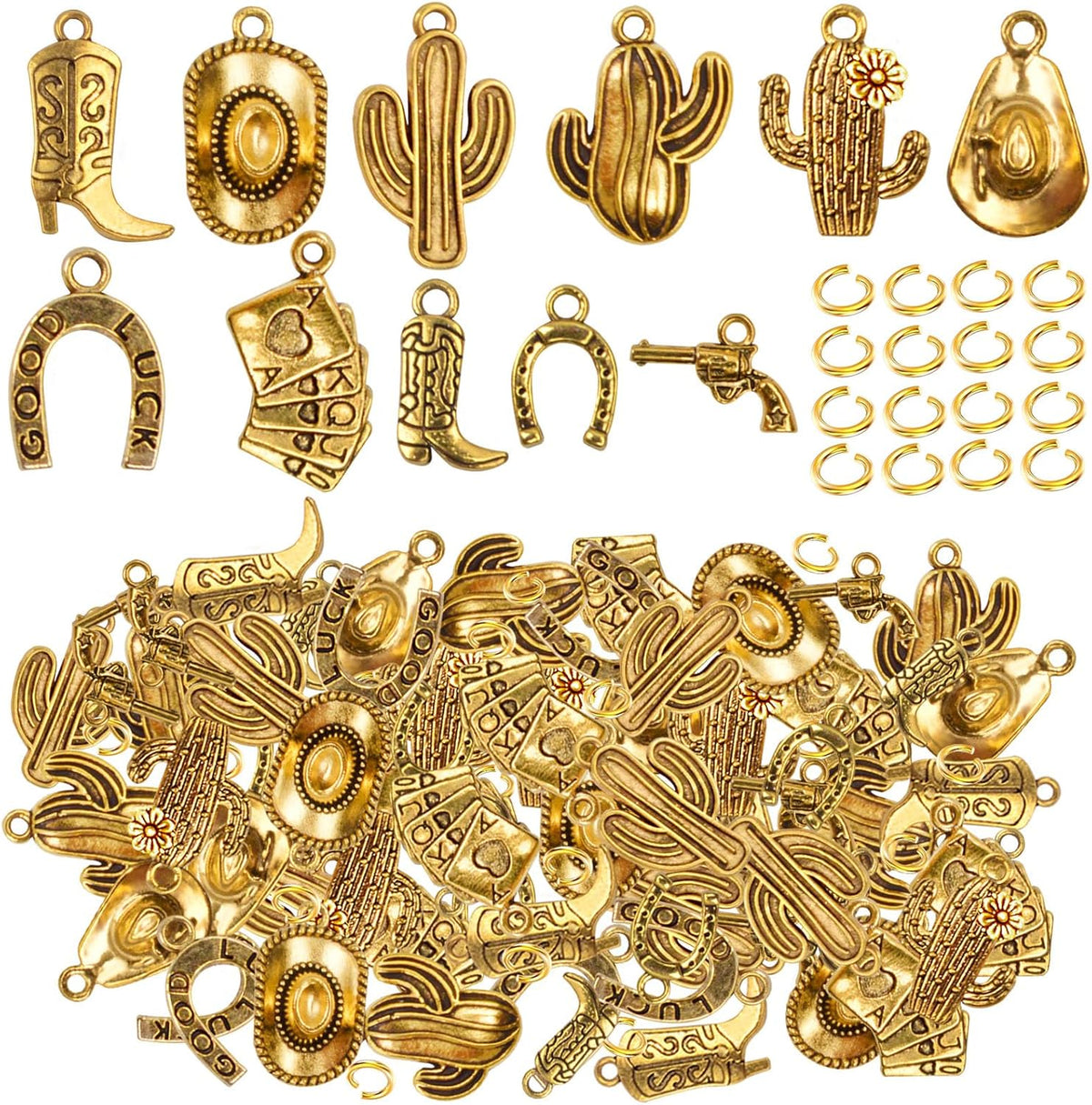100 Grams Alloy Western Cowbo Cowgi Charms Antique Silver Mixed Cowb Boot Hat Horseshoe Dangle Pendants with 80pcs Split Rings for DIY Necklace Bracelet Earrings Jewelry Making