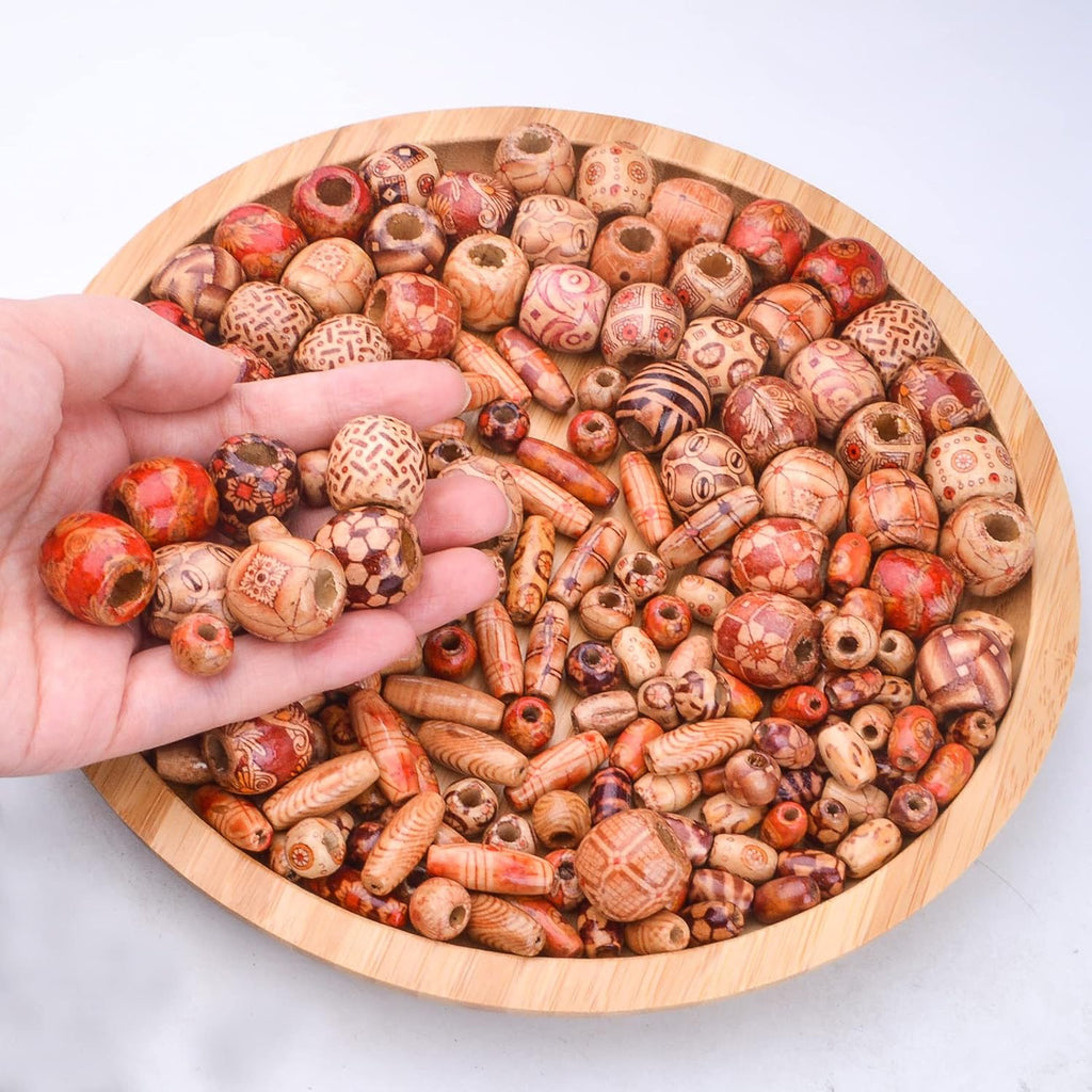 200pcs Natural Printed Wooden Beads Round Barrel Oval Macrame Beads Loose Wood Spacer Beads Jewelry Making Accessories for DIY Craft Bracelet Necklace Handmade Decoration, 4 Sizes