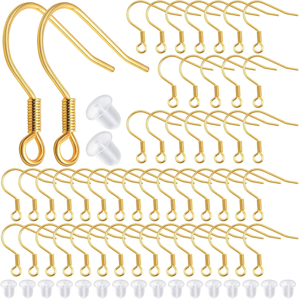 50pcs Stainless Steel Earring Hooks Hypoallergenic French Earwire Fish Hooks with 50pcs Clear Earring Backs Stoppers for DIY Earrings Jewelry Making Findings, Golden