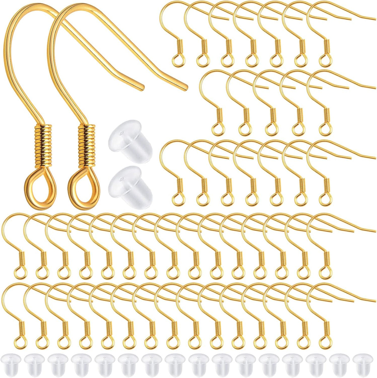 50pcs Stainless Steel Earring Hooks Hypoallergenic French Earwire Fish Hooks with 50pcs Clear Earring Backs Stoppers for DIY Earrings Jewelry Making Findings, Golden