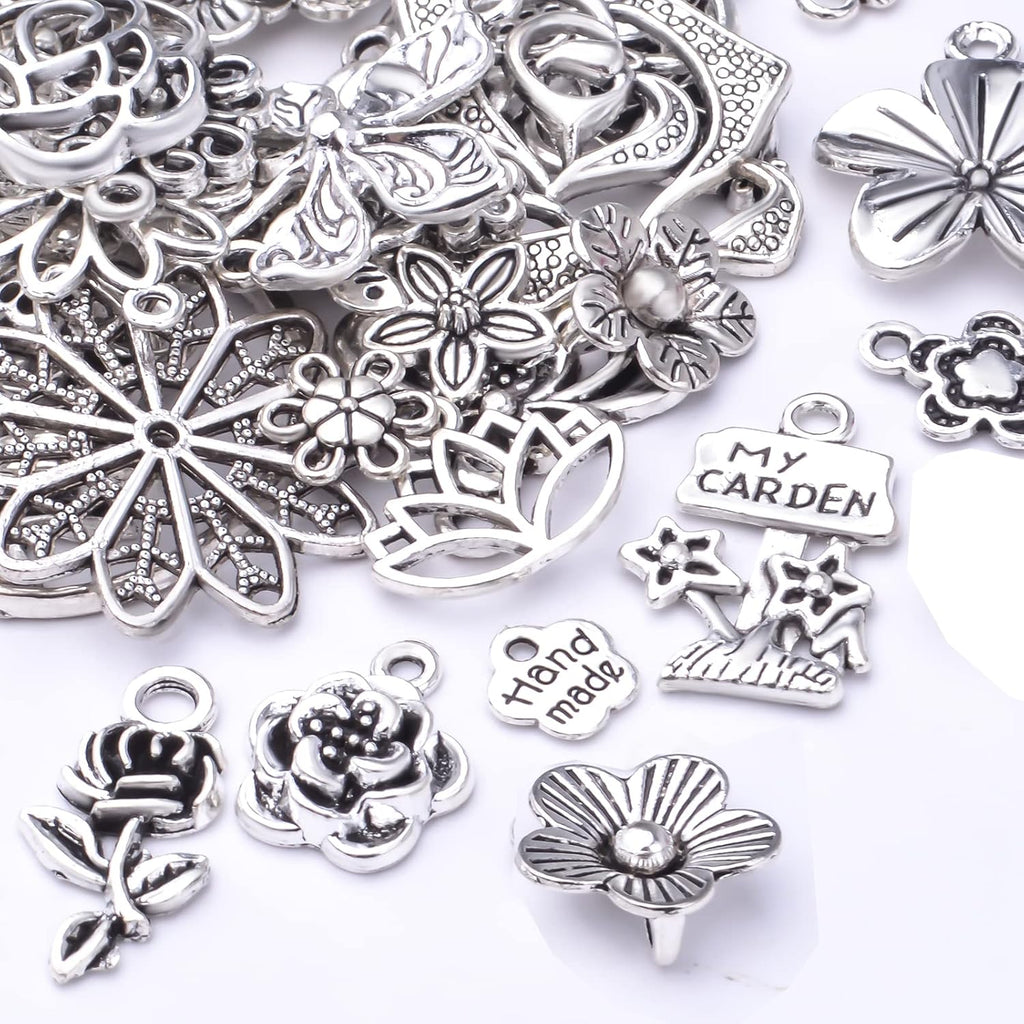 50pcs Mixed Styles Rose Flower Charms Tibetan Alloy Romantic Pendants Flower Beads Connectors Charms for DIY Necklace Bracelet Jewelry Making Birthday Christmas Valentine's Favor