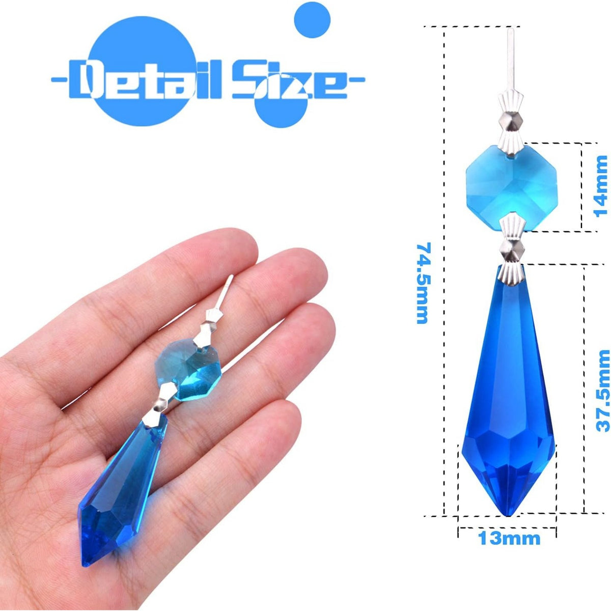 20pcs Crystals Prisms Glass Tip Beads Replacements Chandelier Icicle Drops Hanging Pendants Octagon Crystal Beads for Lamp Decoration Wedding Christmas Ornament (Light Blue, 37.5 mm)