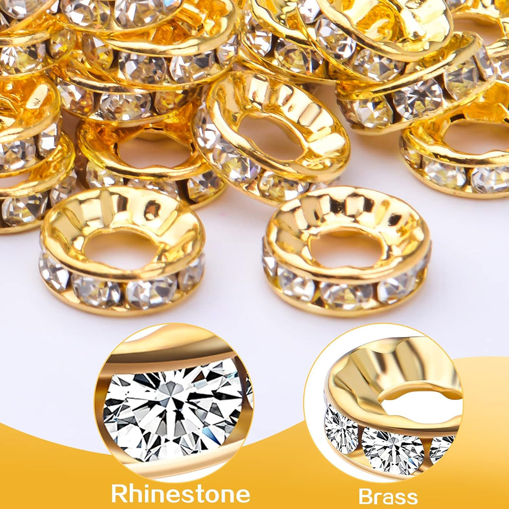100pcs 10 mm Rhinestone European Beads Crystal Rondelle Spacer Beads Brass Large Hole Loose Charm Beads for DIY Snake Chain Bracelets Necklaces Jewelry Making Accessories, Golden, Hole: 4.6 mm