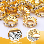 100pcs 10 mm Rhinestone European Beads Crystal Rondelle Spacer Beads Brass Large Hole Loose Charm Beads for DIY Snake Chain Bracelets Necklaces Jewelry Making Accessories, Golden, Hole: 4.6 mm