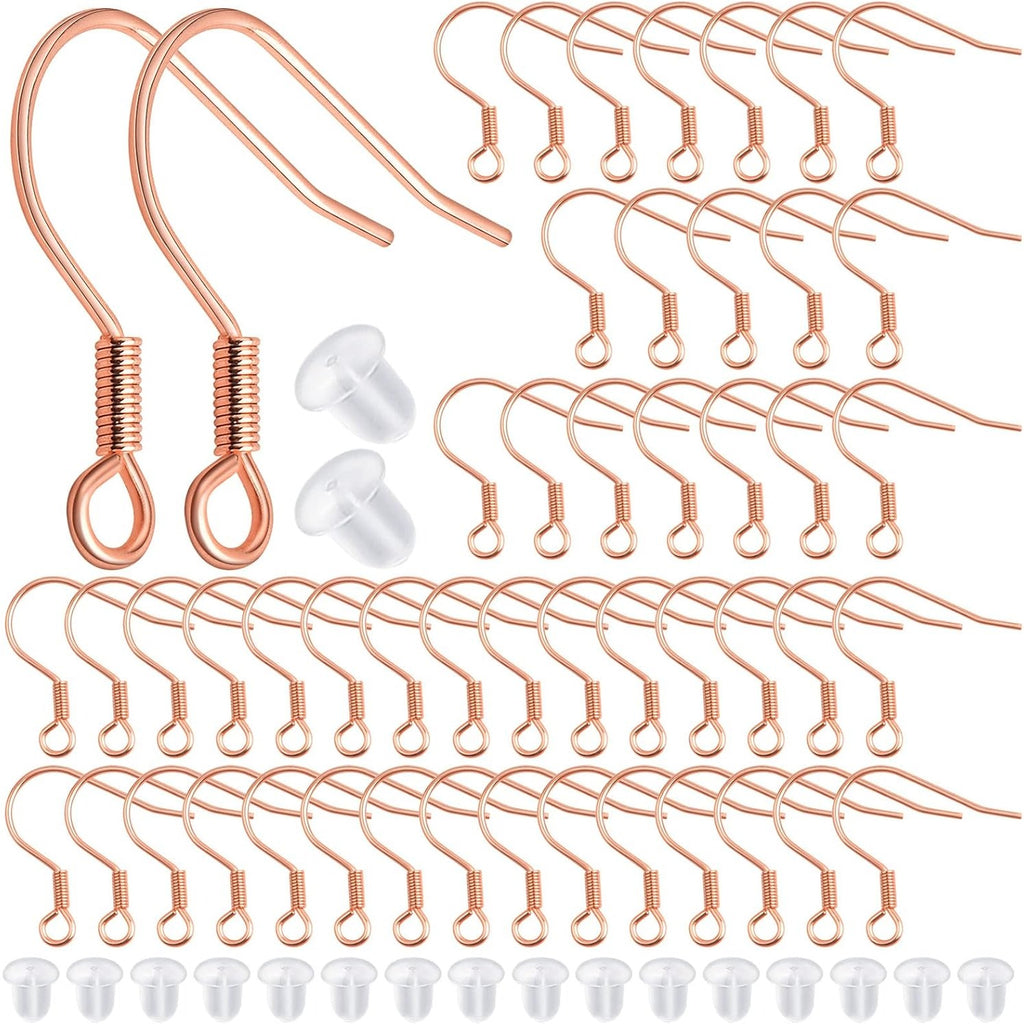 50pcs Stainless Steel French Earring Hooks Hypoallergenic Ear Wire Fish Hooks with 50pcs Silicone Earring Safety Backs for DIY Earrings Jewelry Making Supplies, Rose Golden