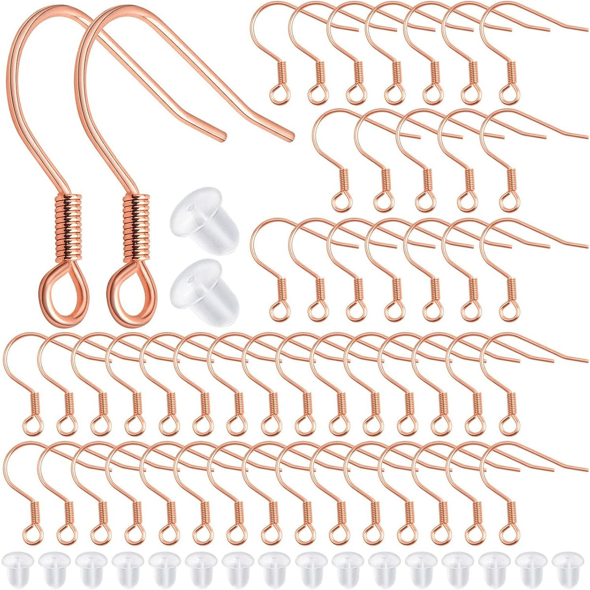 50pcs Stainless Steel French Earring Hooks Hypoallergenic Ear Wire Fish Hooks with 50pcs Silicone Earring Safety Backs for DIY Earrings Jewelry Making Supplies, Rose Golden