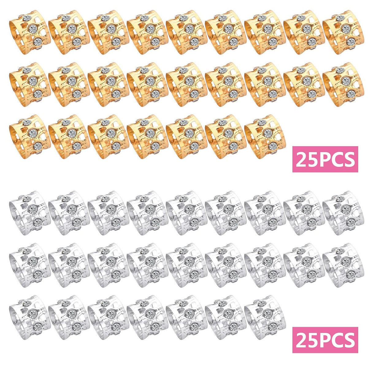 50pcs Rhinestone Dreadlocks Beads Alloy Hair Ring Decoration Braiding Hair Braid Cuff Clip Beard Hollow Heart Tube Beads Accessories for Women Men, Golden and Silver