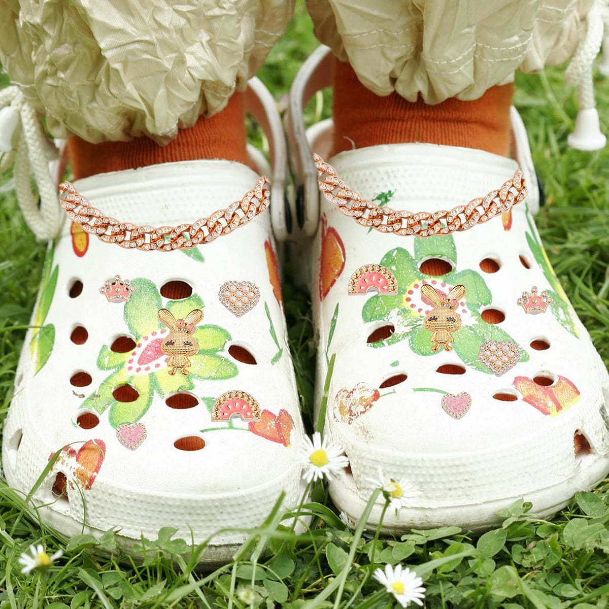 1 Set Mixed Bling Shoe Charms Flower Pearls Rabbit Buckle Shoes Decoration Accessories for Women and 1 Pair of Shoe Chains for Clogs Sandals Slippers Bags Belts Christmas Gifts