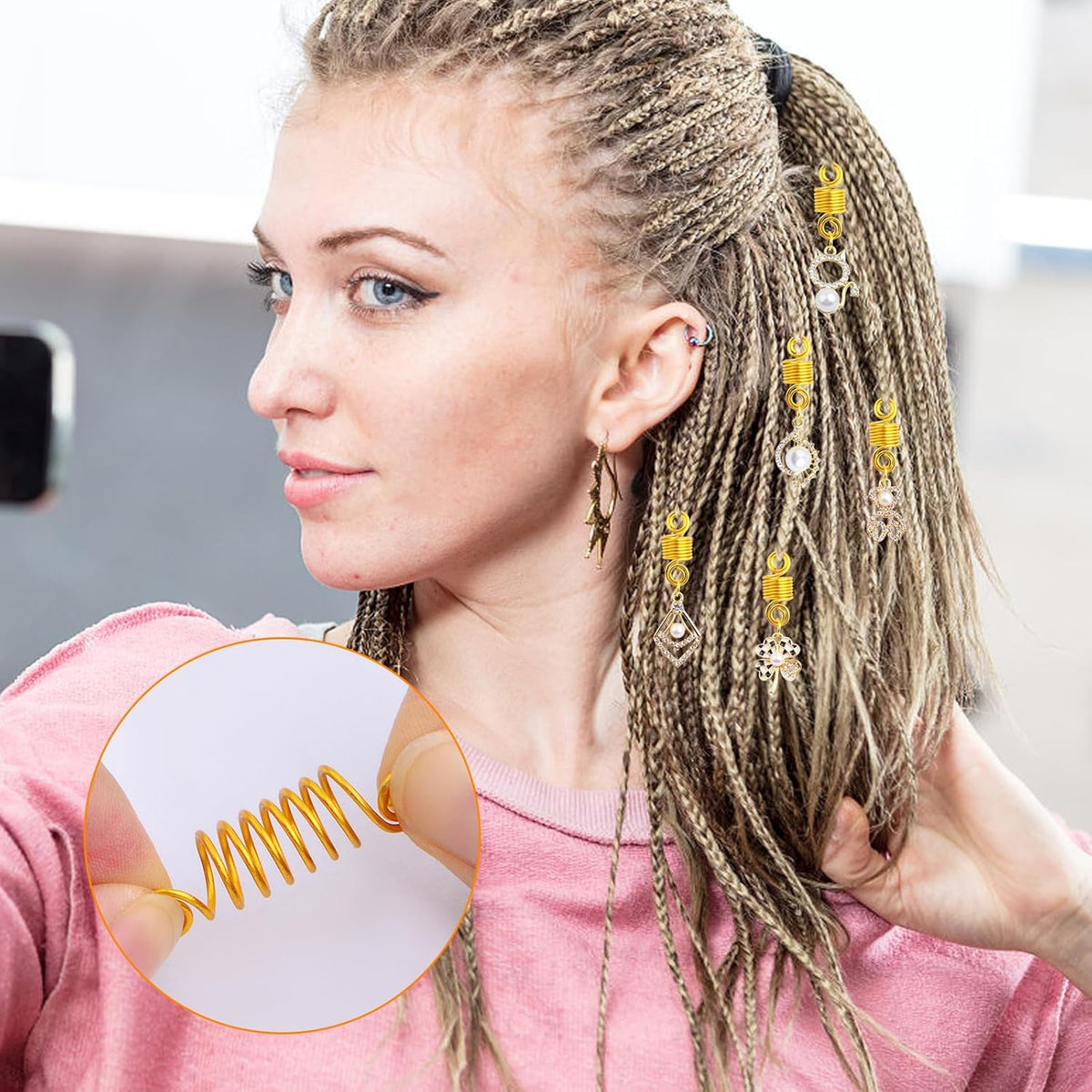 16pcs 8 Styles Pearl Hair Braid Clips Golden Alloy Braids Ring Pendants Adjustable Spring Clip Dreadlocks Accessories Hair Jewelry Headpieces for Women Hair Braid Decoration Gift