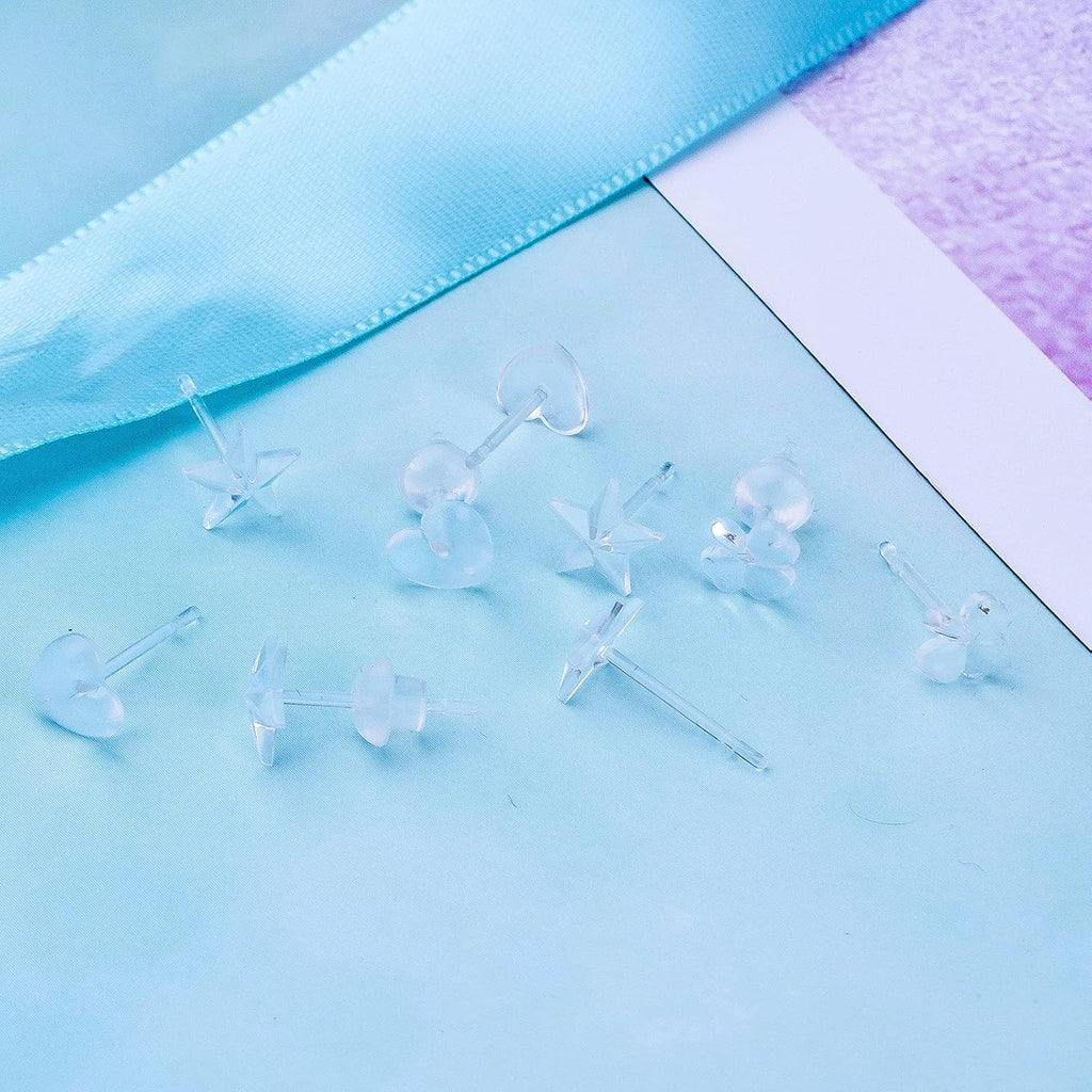 50pcs Clear Resin Earring Studs & Backs, 5 Styles, DIY Jewelry Making Findings, Adult, Non-Foldable