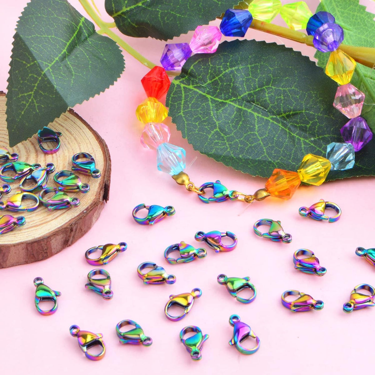 30 Pieces Rainbow Color Lobster Claw Clasps Stainless Steel Necklace Lobster Clasp Fastener Hook Clasps for DIY Bracelet Jewelry Making Findings, 12 x 7 mm