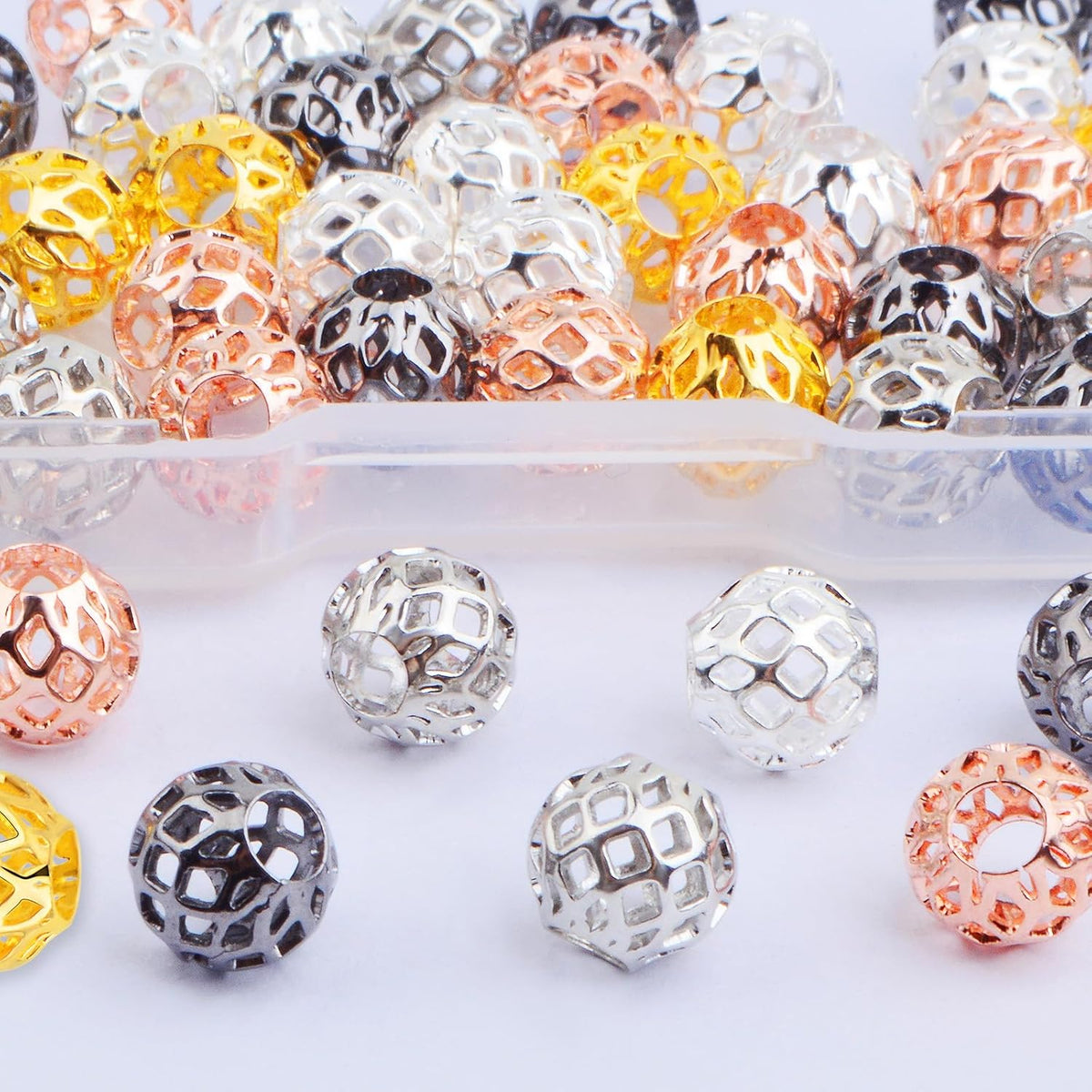 50pcs 8 mm Round Hollow Spacer Beads Brass Filigree Hollow Out Large Hole Loose Ball Beads with a Box for DIY Bracelet Necklace Earrings Jewelry Making, 5 Colors, Hole: 4 mm