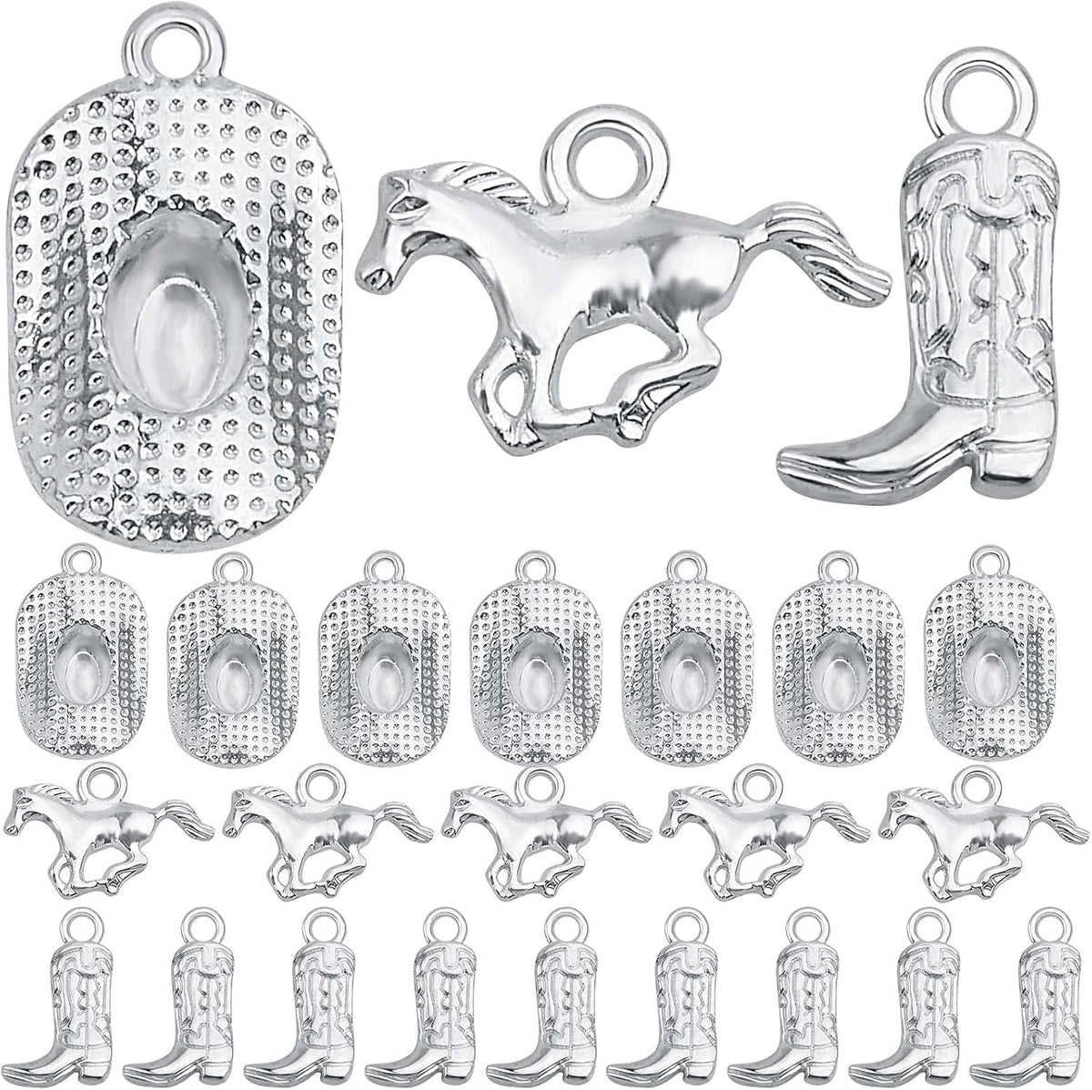 60pcs Silver Western Cowboy Charms Pendants Alloy Horse Cowboy Boot Hat Dangle Charms for DIY Earrings Bracelet Necklace Jewelry Making