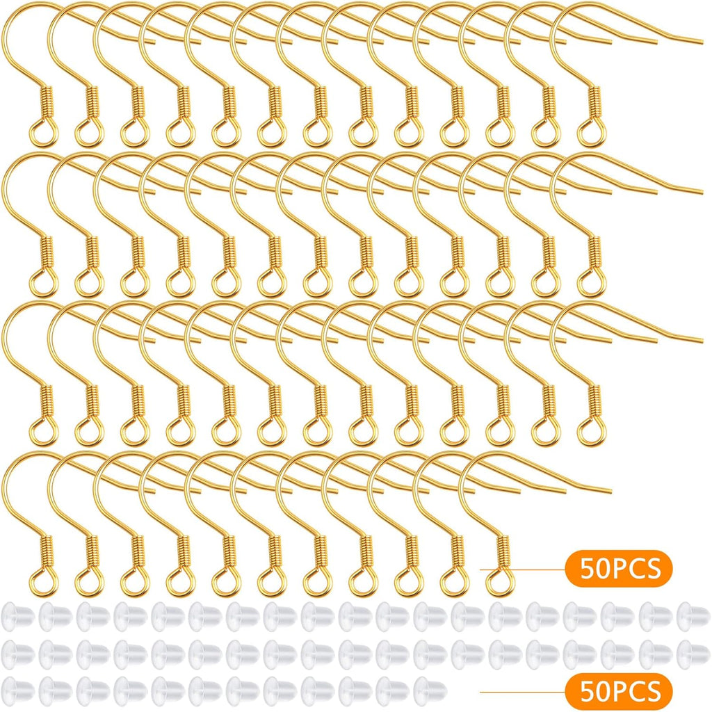 50pcs Stainless Steel Earring Hooks Hypoallergenic French Earwire Fish Hooks with 50pcs Clear Earring Backs Stoppers for DIY Earrings Jewelry Making Findings, Golden