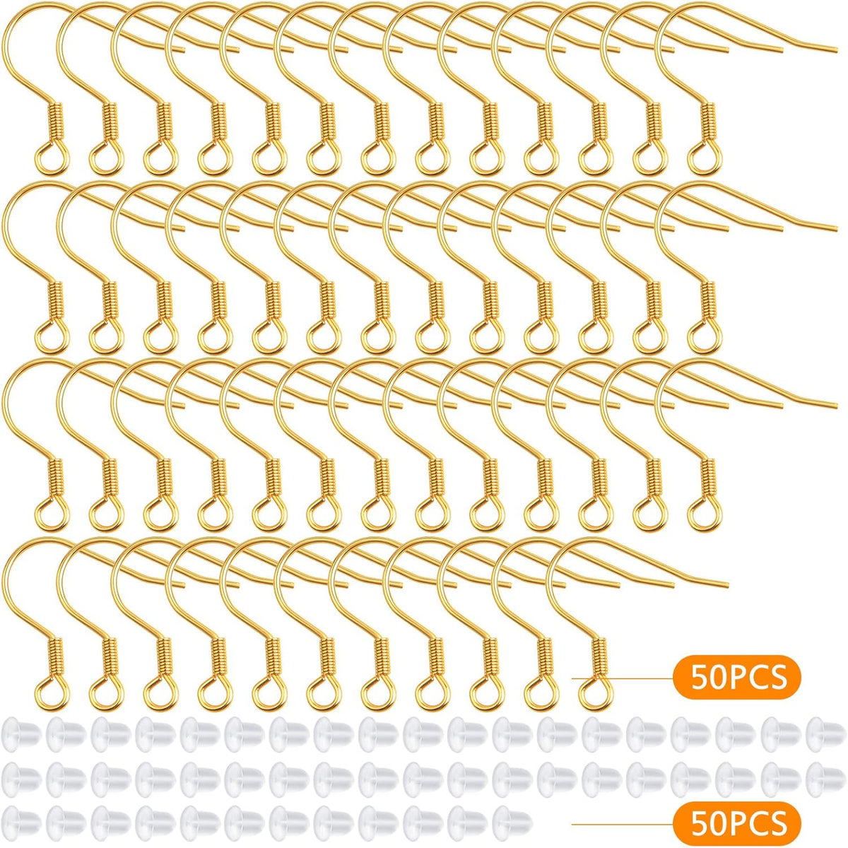 50pcs Stainless Steel Earring Hooks Hypoallergenic French Earwire Fish Hooks with 50pcs Clear Earring Backs Stoppers for DIY Earrings Jewelry Making Findings, Golden