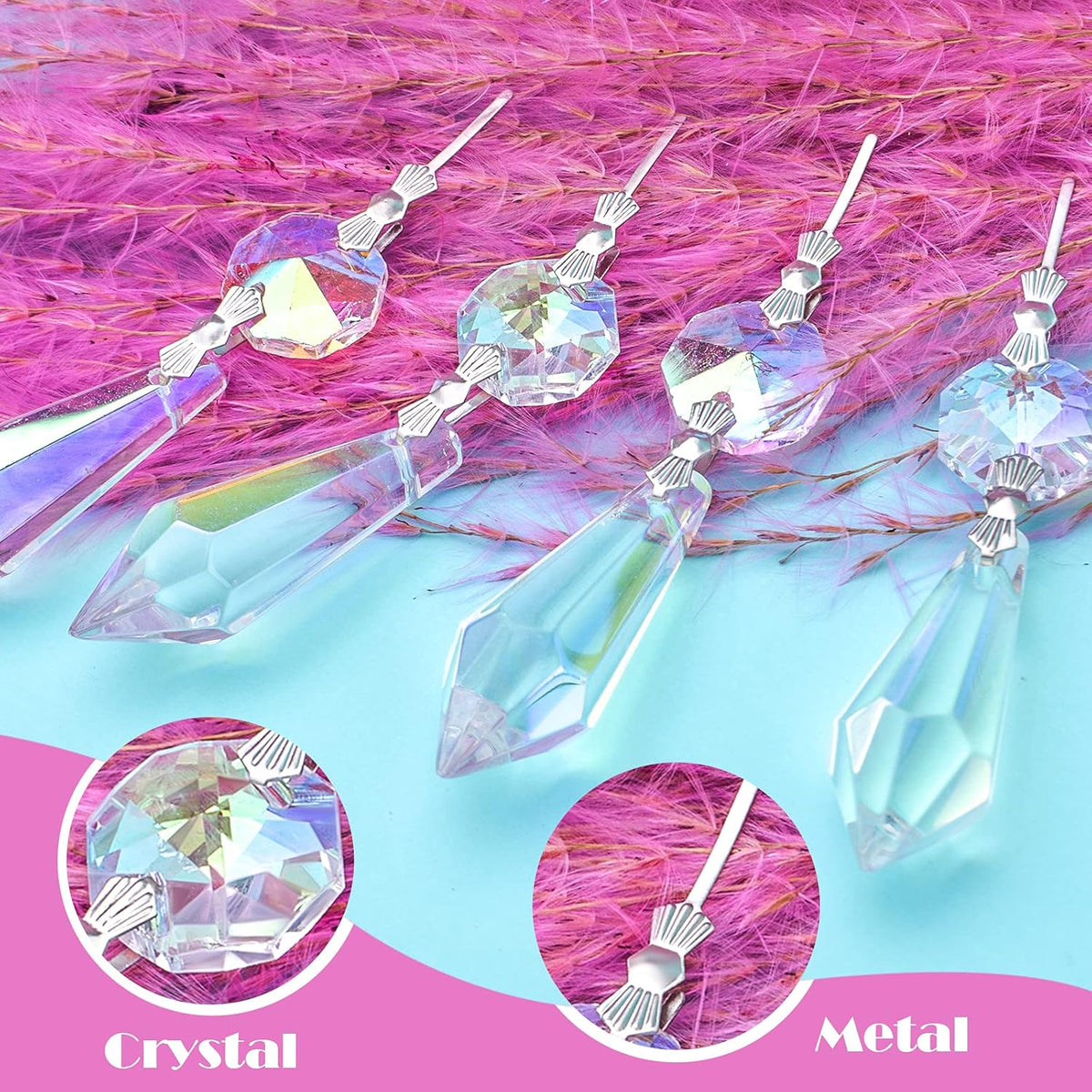 20pcs Crystals Prisms Glass Tip Beads Replacement Chandelier Icicle Drop Pendants Octagon Crystal Beads Metal Connectors for Lamp Decoration Christmas Ornament, AB Color