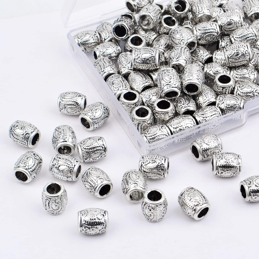 100pcs Antique Silver Oval Spacer Beads Alloy European Large Hole Loose Beads with A Plastic Box for DIY Bracelet Jewelry Making Handmade Decor, Hole: 4.3 mm