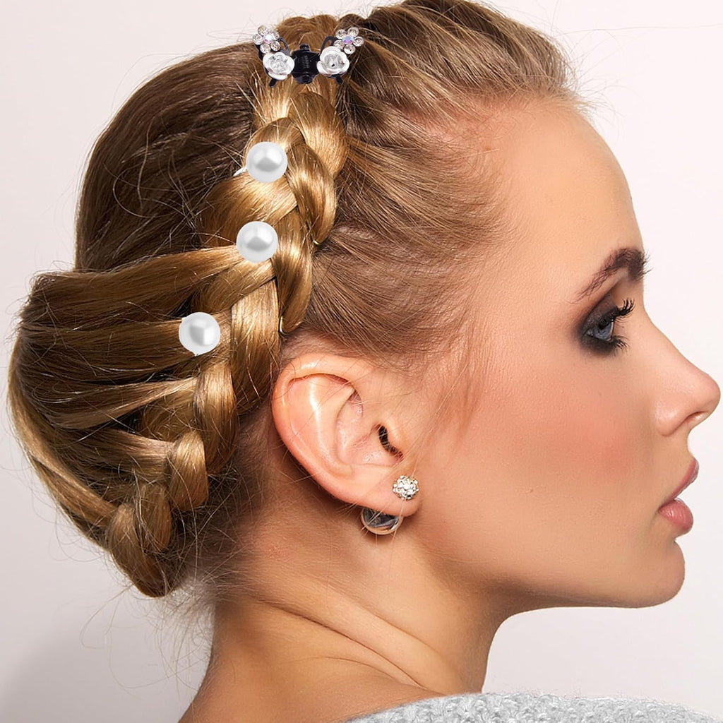 6pcs Butterfly Rhinestone Claw Hairpin Clips, 20pcs Pearl Spiral Bridal Hair Clips, 1pcs Wedding Braided White Handmade Beaded Headpiece Hair Accessories for Women Prom Party