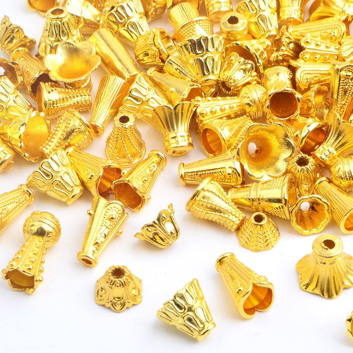 100 Gram (About 110-150pcs) Mixed Flower Spacer Bead Caps Alloy Cone Bead Caps Jewelry Findings Accessories for DIY Bracelet Necklace Tassel Crafts Decor, Bright Golden