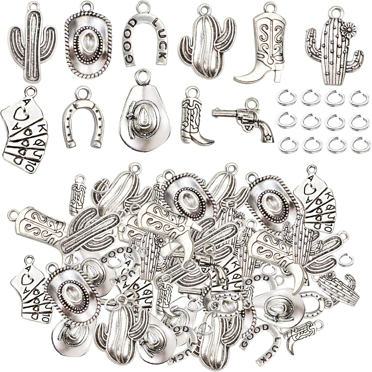 100 Grams Alloy Western Cowbo Cowgi Charms Antique Silver Mixed Cowb Boot Hat Horseshoe Dangle Pendants with 80pcs Split Rings for DIY Necklace Bracelet Earrings Jewelry Making