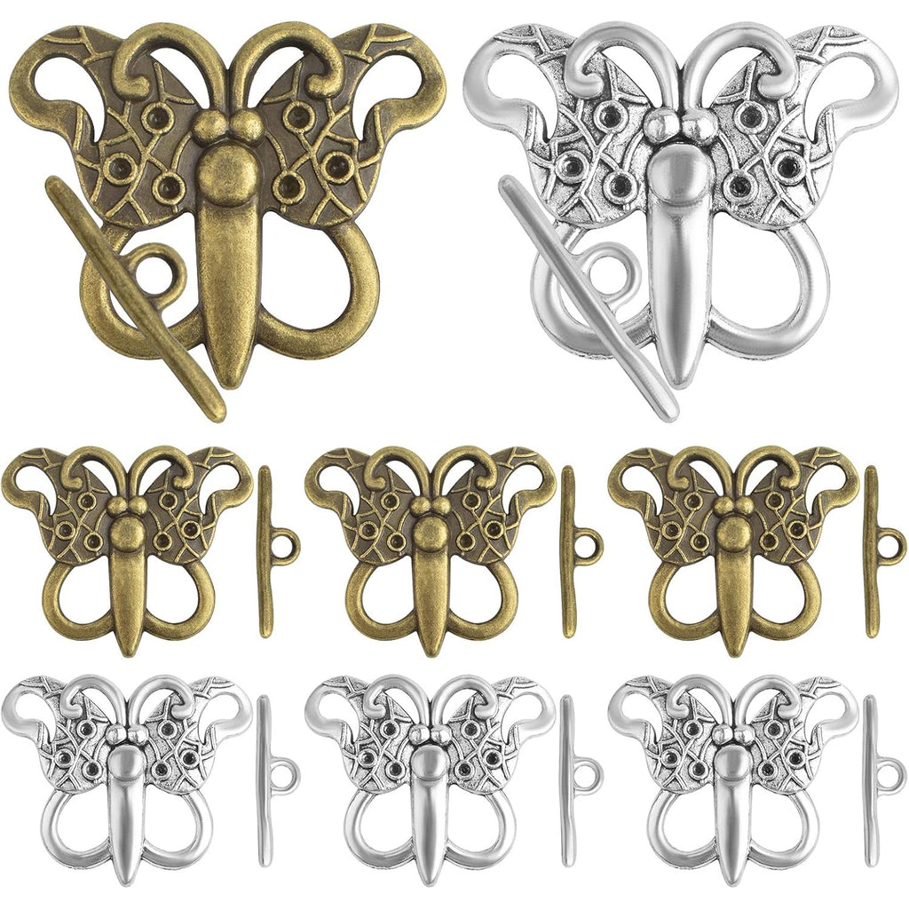 20 Sets Butterfly Bracelet Toggle Clasps T-Bar End Tibetan Closure Filled Fastener Hook Toggle Connectors for DIY Necklace Jewelry Craft Making, 2 Colors