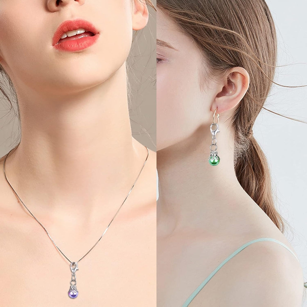 50pcs Muti-Color Clip-On Pearl Dangle Pendants Silver Flower Bead Cap Drops with 50pcs Lobster Clasps Accessory fit Floating Locket Charms Necklace Jewelry Making