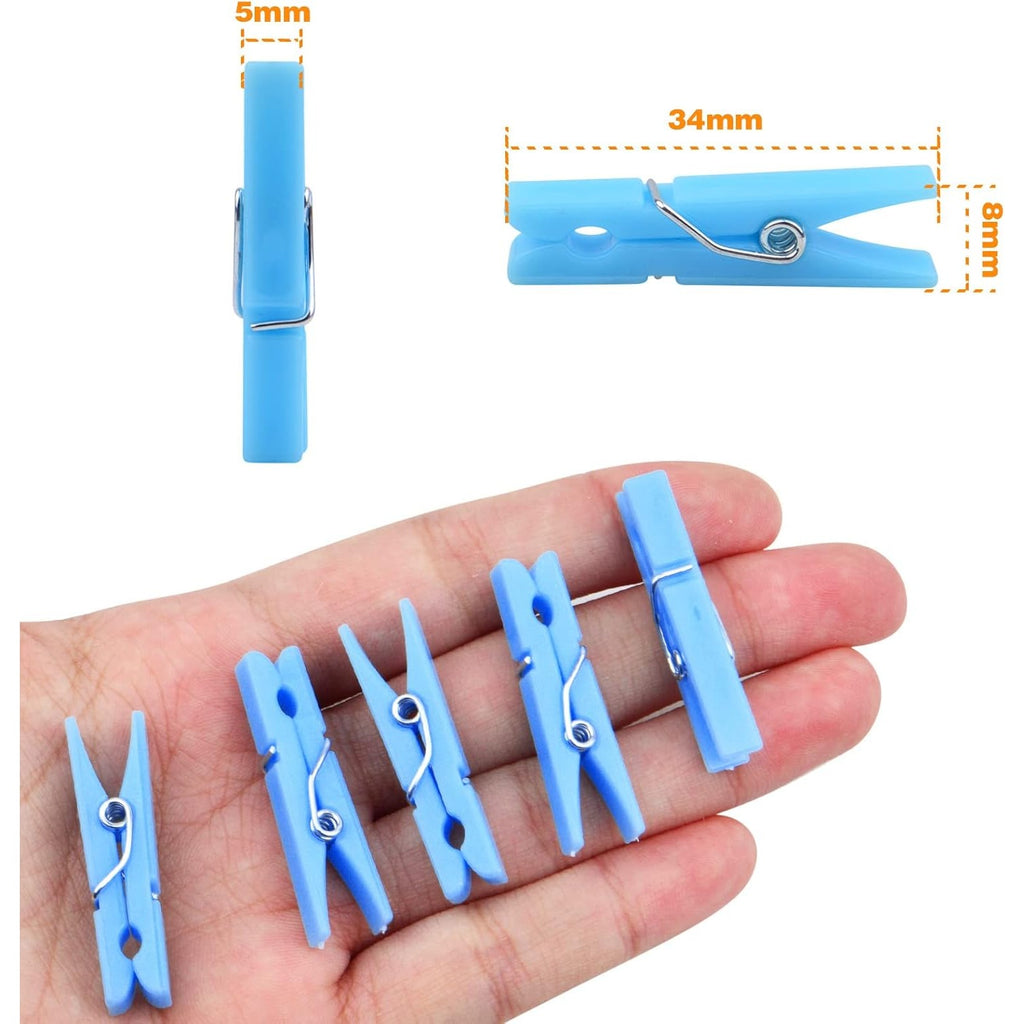 100 Pieces Blue Plastic Photo Clips Mini Utility Paper Clip Clothespins Peg Pin Clips for Hanging Pictures Arts Crafts, 3.4 cm x 0.5 cm